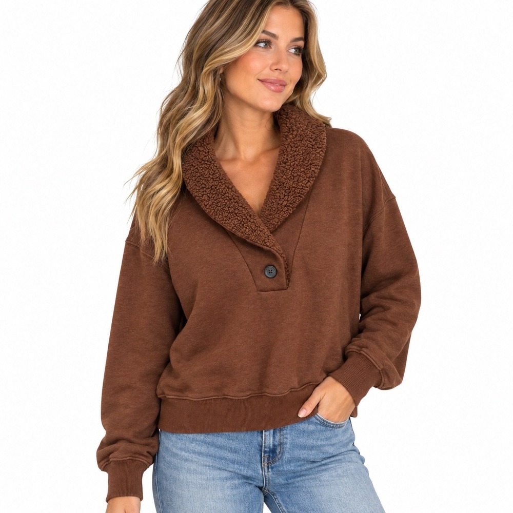 American Eagle Brown Sherpa Shawl Collar Pullover Sweatshirt Womens Small